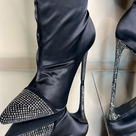 Black Satin Rhinestone Embellished Over the Knee Boots - Picture 12 of 12